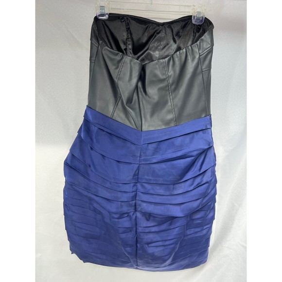 Express Sz 12 Blue & Black Mini Dress Club Evening Pleather Ruched Strapless - Picture 4 of 5